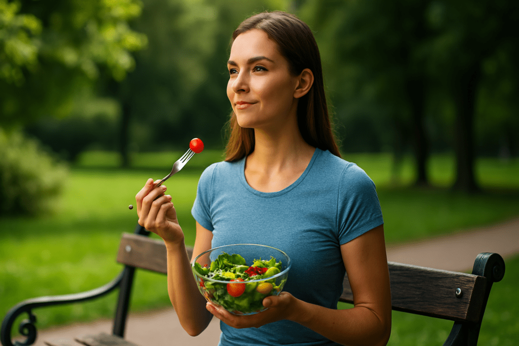 A casually dressed woman with shoulder-length brown hair holds a balanced meal while seated on a quiet bench surrounded by trees, reflecting the role of healthy diet recipes in everyday wellness. The bright natural lighting and her peaceful demeanor suggest the benefits of integrating healthy living recipes into daily routines.