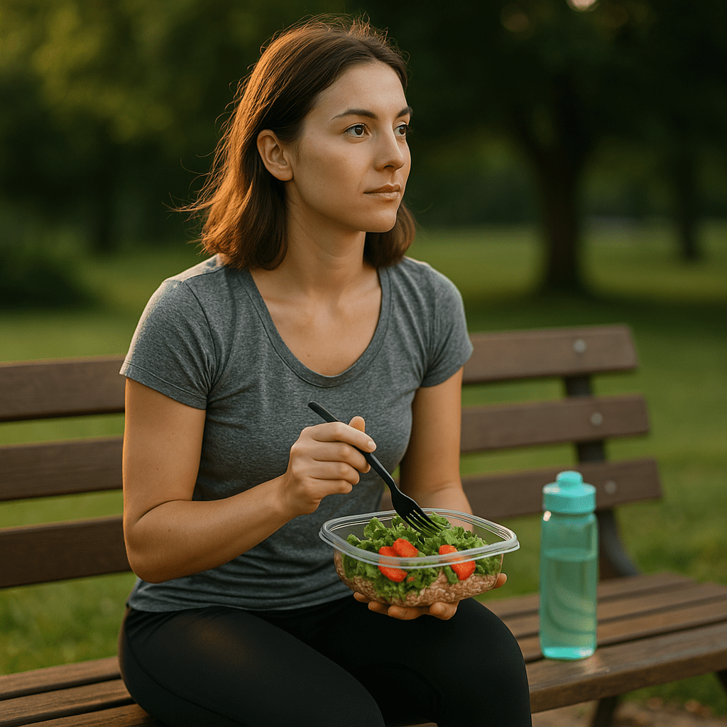 A young woman with a soft smile holds a bowl of quinoa, salmon, avocado, and broccoli while bathed in golden sunlight on a park bench, visually connecting to the concept of health healthy recipes. The vibrant ingredients and natural setting highlight the power of balanced eating through smart recipes and nutrition.