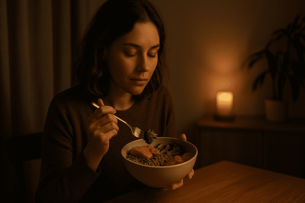 In a dimly lit room, a young woman sits quietly at a wooden table, enjoying a warm bowl of vegetables in the soft glow of candlelight. Her calm expression and focused attention on the meal underscore the emotional and sensory benefits of healthy balanced all food groups recipes for dinner in a reflective, cozy setting.