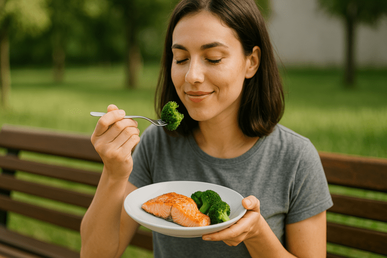A young woman with light skin enjoys a healthy five-ingredient meal of salmon and broccoli while sitting alone on a park bench under soft morning sunlight. Her closed eyes and relaxed posture reflect peaceful mindfulness, visually reinforcing the theme of easy 5 ingredient meals for a healthier lifestyle.