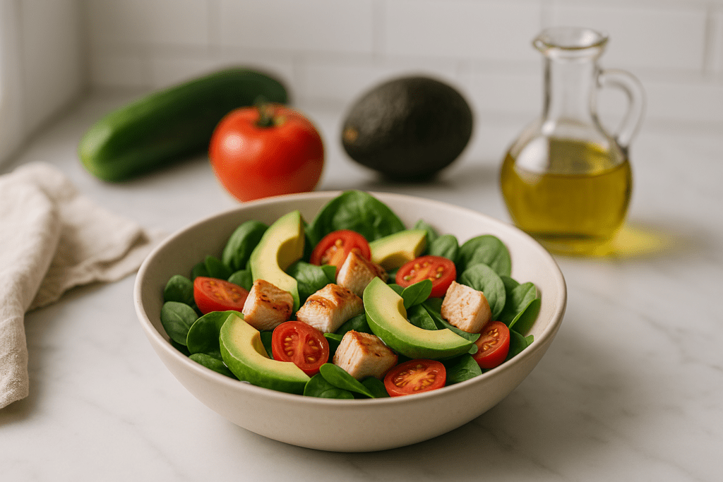 A fresh, healthy inexpensive breakfast is presented in a beige ceramic bowl on a marble countertop, featuring grilled chicken, avocado, cherry tomatoes, and spinach — all simple ingredients arranged for maximum nutrition and visual appeal. Natural morning light enhances the vibrant colors, conveying the article's focus on simple recipes with few ingredients.