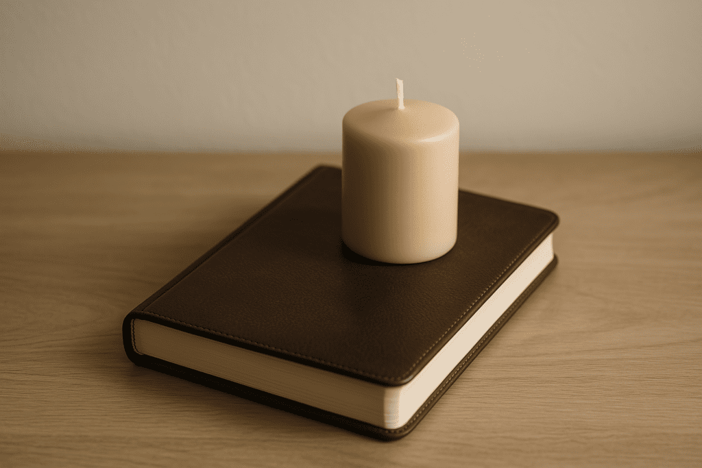 A textured dark brown journal and a beige candle rest on a smooth wooden table under warm ambient indoor lighting, creating a tranquil and symbolic environment. The soft background blur and clean, minimalist setup visually support themes of reflection, simplicity, and mindful healthy living tied to the article’s topic.