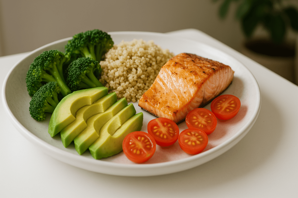 A white ceramic dinner plate displays a clean and colorful five-ingredient meal of grilled salmon, quinoa, avocado, broccoli, and cherry tomatoes, photographed under cool fluorescent lighting. The careful plating and soft neutral background suggest both convenience and high nutritional value, highlighting the best food choices for balanced, healthy eating.