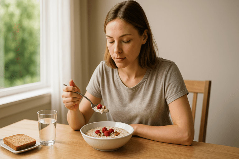 A young woman with shoulder-length light brown hair sits at a wooden dining table, thoughtfully eating a bowl of oatmeal topped with raspberries and nuts. The soft natural morning light streams through sheer curtains, illuminating a calm interior space with a view of a lush garden, reinforcing the theme of smart low calorie breakfast ideas that actually keep you full.