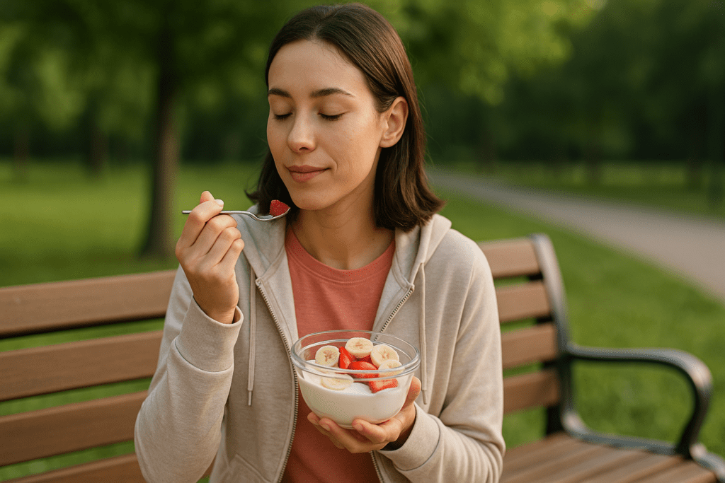 A young woman in a beige hoodie and coral shirt enjoys a healthy breakfast of yogurt with bananas and strawberries while sitting on a park bench. Surrounded by greenery and bathed in gentle sunlight, the outdoor setting evokes peacefulness and supports the idea of low calorie breakfast on the go that’s nutritious and satisfying.