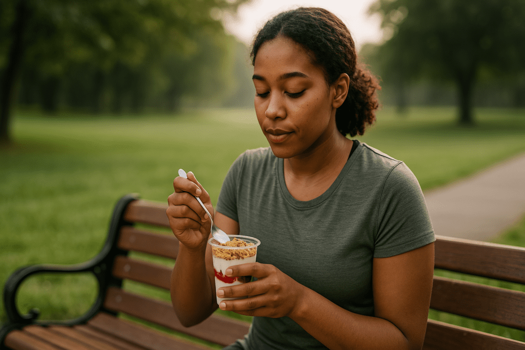 A young African-American woman with curly hair eats a yogurt parfait while seated on a wooden bench in a sunny park. Captured with a shallow depth of field, the photo emphasizes her peaceful posture and the nutrient-dense breakfast, aligning with the article’s focus on best low calorie breakfast ideas for a healthy lifestyle.