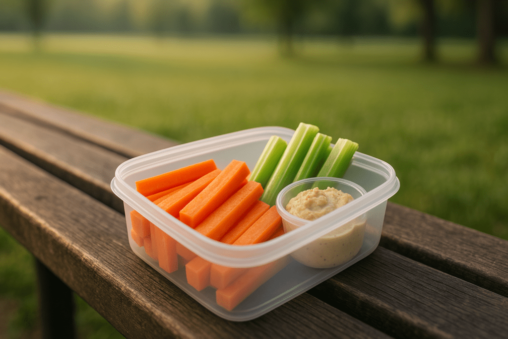 A clear plastic container filled with carrot and celery sticks alongside a serving of hummus rests on a rustic wooden bench in soft morning sunlight. The colorful vegetables and clean presentation visually symbolize a healthy inexpensive breakfast option that is both quick and high in nutritional value.