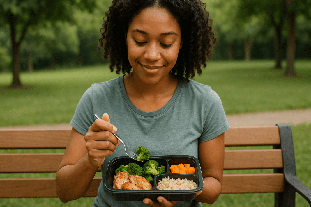 A young African American woman sits peacefully on a park bench, enjoying a healthy frozen meal in the fresh outdoor air. Surrounded by vibrant greenery and bathed in soft morning light, she lifts a bite of broccoli with a serene expression, reflecting the theme of convenient, health-focused living with frozen food delivery.