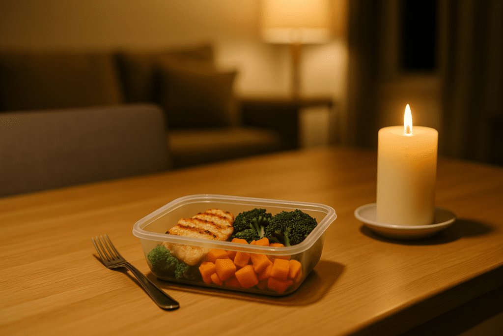 A softly lit dining room features a simple table set with a freshly heated frozen meal and a lit candle beside it. The warm ambient light and neutral-toned background create a calming, cozy setting, reinforcing the comfort and simplicity of enjoying healthy frozen food at home.
