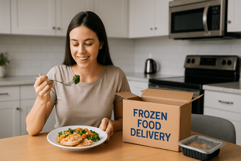 In a bright modern kitchen, a young woman smiles as she enjoys a colorful frozen meal at a minimalist wooden table. The clean, residential interior with natural light streaming in emphasizes convenience and nutrition, making frozen food delivery a practical option for healthy home dining.