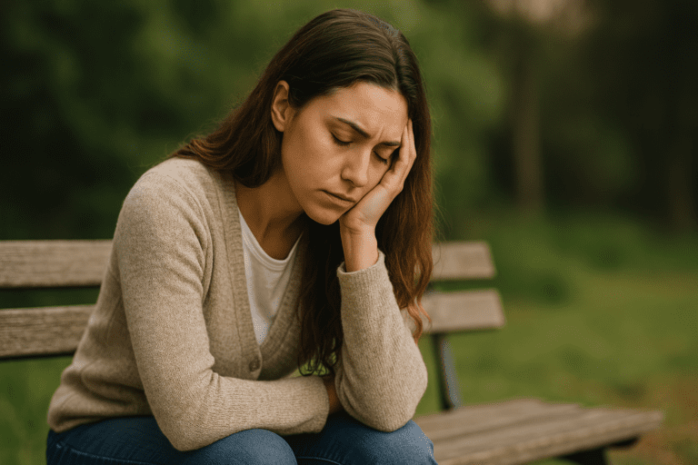 A young woman with long chestnut hair sits quietly on a wooden park bench surrounded by soft greenery, her eyes closed in peaceful reflection under gentle morning light. The serene setting and her calm posture evoke the theme of mindful eating and healthy lifestyle choices supported by convenient meal subscriptions.