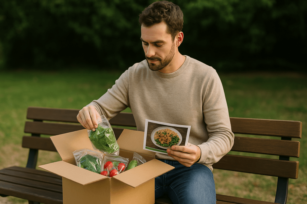 A light-skinned man in casual clothes unpacks a reusable grocery bag and meal kit on a park bench, examining a recipe card labeled "Smart Weekly Meals" with soft afternoon sunlight in the background. The scene reflects the theme of affordable healthy eating and easy meal planning through budget-conscious subscription services.