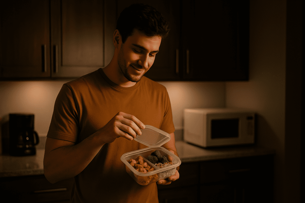 A young man stands in a dimly lit kitchen with warm ambient lighting, preparing a healthy meal using a subscription meal prep container filled with vegetables and grains. The modern, minimalist setting emphasizes the convenience and nutritional value of budget-friendly food delivery options for home cooking.