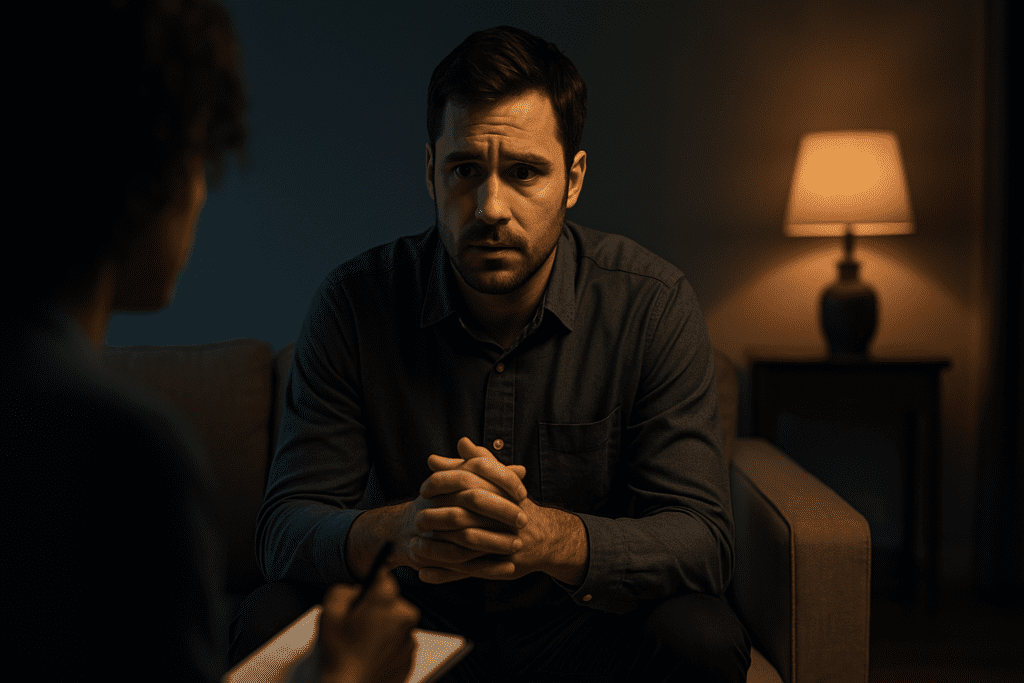 In a softly lit living room, a contemplative man in his 30s sits across from a therapist, his expression reflecting thoughtfulness during a quiet evening session. The warm glow of the lamp and the clinical feel of the space visually reinforce themes of intentional lifestyle changes and thoughtful planning around healthy meal subscriptions.