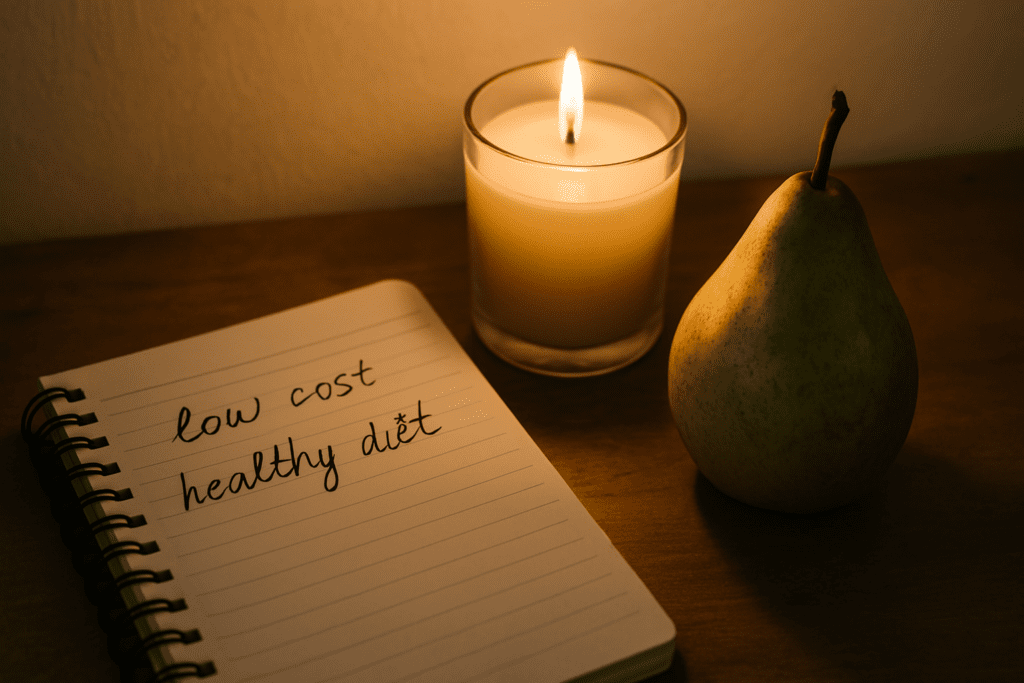 Smart Ways to Eat a Cheap Healthy Diet Without Sacrificing Nutrition: Expert Tips for Choosing Low Cost Healthy Foods 1 A warmly lit still life scene features a spiral-bound notebook with handwritten healthy eating notes, a softly glowing candle, and a ripe pear resting on a rustic wooden surface. The simple, symbolic arrangement reflects mindful planning and budget-conscious nutrition choices in a quiet home environment.