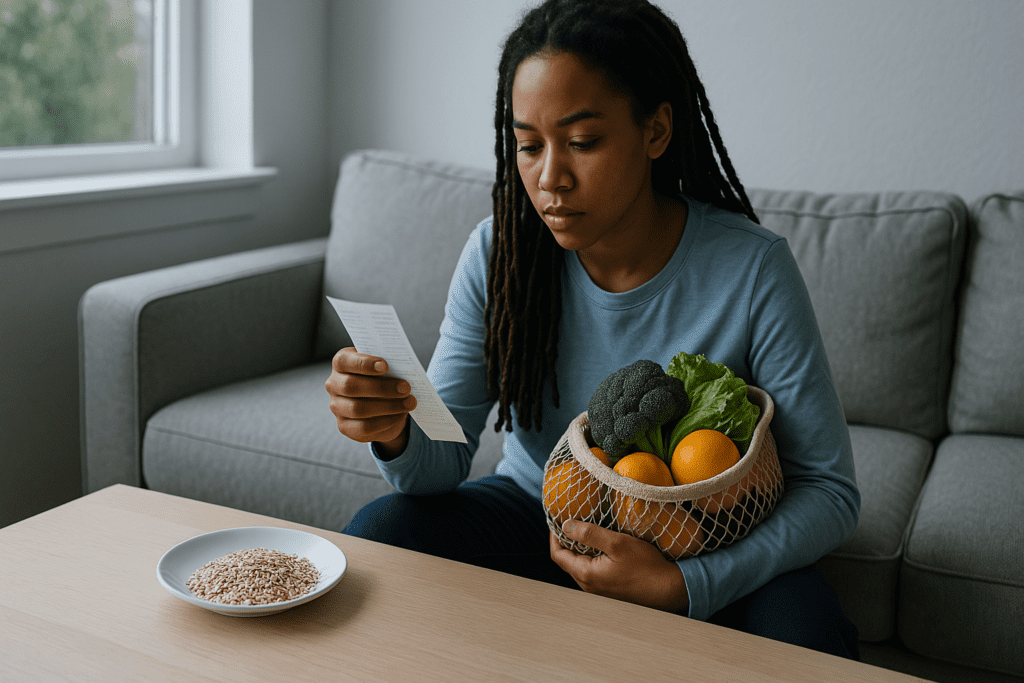 Smart Ways to Eat a Cheap Healthy Diet Without Sacrificing Nutrition: Expert Tips for Choosing Low Cost Healthy Foods 2 A young woman with medium-toned skin sits in a minimalist living room flooded with soft morning light, examining a grocery receipt while holding a reusable bag of fresh produce. The clean, uncluttered space and her thoughtful expression illustrate cost-aware strategies for eating a healthy diet on a budget.