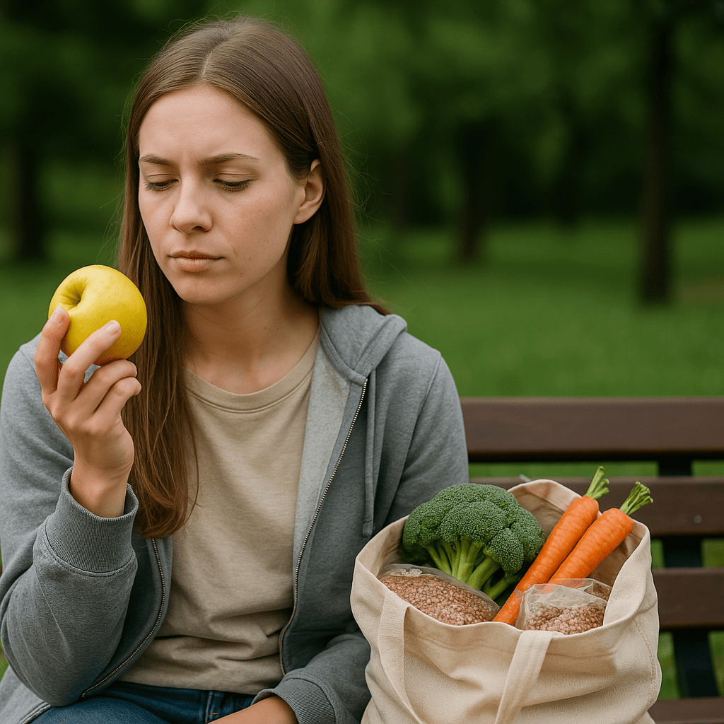 Smart Ways to Eat a Cheap Healthy Diet Without Sacrificing Nutrition: Expert Tips for Choosing Low Cost Healthy Foods 3 A young Caucasian woman with long, light brown hair sits pensively on a park bench, holding a yellow apple near her face beside a tote bag filled with fresh produce. The lush, natural setting and her introspective posture under soft daylight evoke themes of simplicity, reflection, and affordable healthy eating.