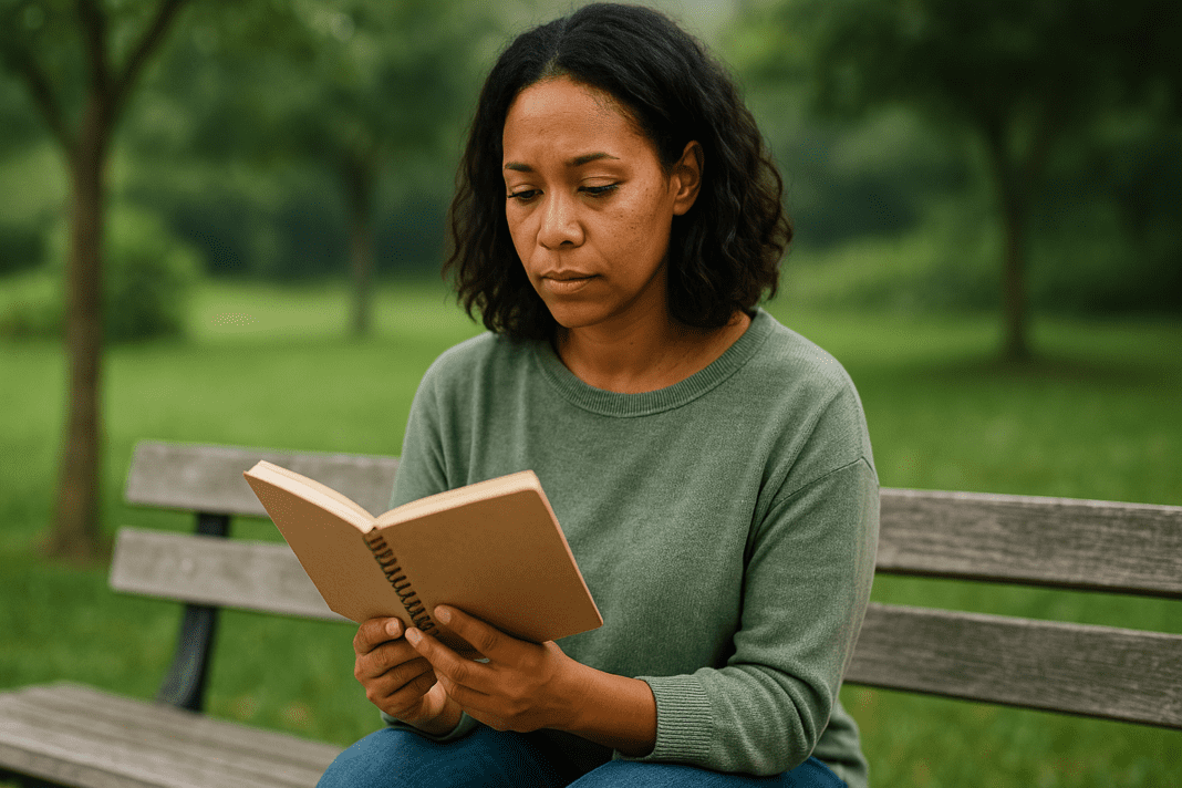 An African American woman in her early 30s sits alone on a park bench, quietly reflecting as she looks down at a journal in her lap. Surrounded by soft greenery and lit by natural daylight, the scene evokes a thoughtful moment related to choosing the best meal delivery options for families focused on healthy eating.