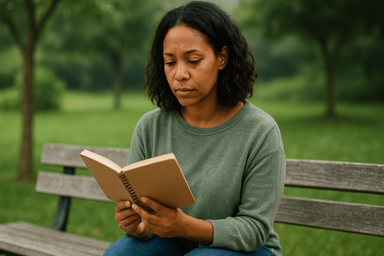 An African American woman in her early 30s sits alone on a park bench, quietly reflecting as she looks down at a journal in her lap. Surrounded by soft greenery and lit by natural daylight, the scene evokes a thoughtful moment related to choosing the best meal delivery options for families focused on healthy eating.