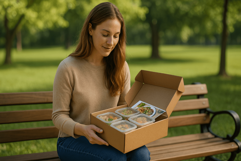 Best Meal Delivery for Families: Expert-Recommended Meal Kits and HelloFresh Competitors That Make Healthy Eating Easier 1 A fair-skinned woman with light brown hair inspects a colorful meal kit on a bench in a sunny park, smiling as she flips through recipe cards. The relaxed pose, bright natural light, and fresh surroundings visually reinforce the theme of enjoying healthy family meals through convenient meal kit delivery services.