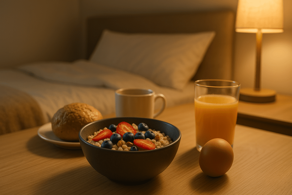 Best Breakfast Foods to Start Your Day Right: Expert-Approved Breakfast Ideas for Energy, Focus, and Fullness 3 A bowl of oatmeal topped with berries and nuts sits beside a hard-boiled egg, fresh bread roll, and orange juice on a bedside table under soft ambient lighting. The quiet, low-light bedroom setting and warm tones underscore the importance of thoughtful, expert-approved breakfast ideas even during early or late hours.