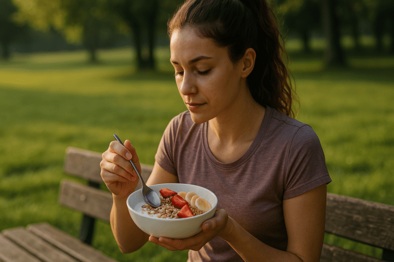 A young woman with light skin enjoys a healthy breakfast of yogurt with fruit and granola while seated on a wooden bench in a sunlit park, surrounded by lush greenery. The soft golden morning light highlights her calm, mindful expression, capturing the essence of weight loss breakfast ideas that promote natural energy and focus.
