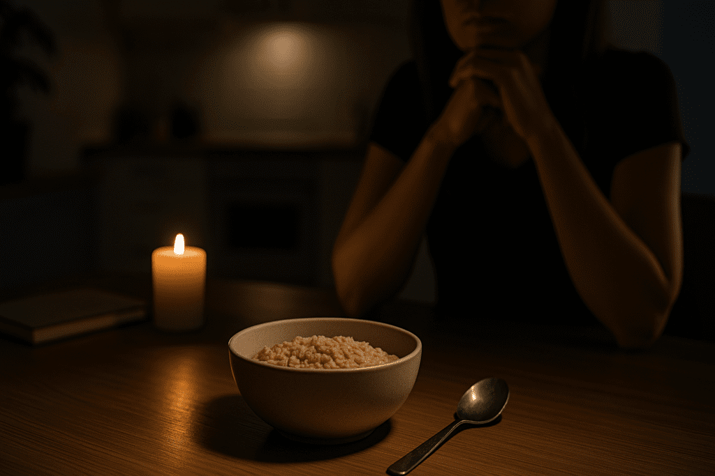 A dimly lit kitchen at night features a bowl of plain oatmeal beside a candle and a closed journal on a dark wooden table. The warm glow and contemplative setup create a serene, reflective space, symbolizing mindful eating habits and healthy breakfast routines for sustainable weight loss.