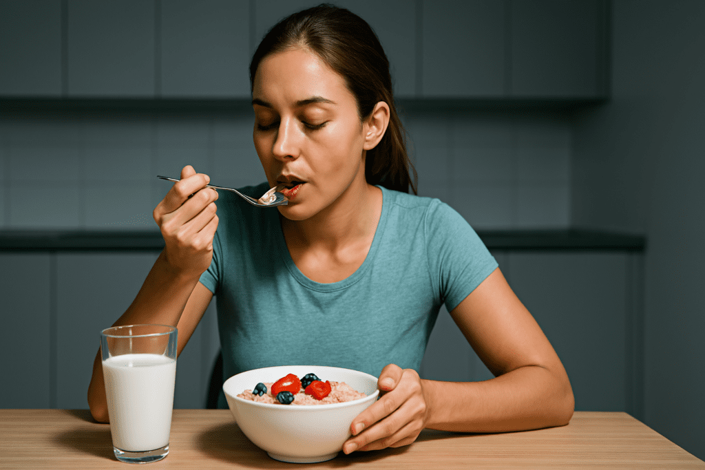 A young woman with medium-toned skin eats oatmeal topped with fresh fruit in a minimalist kitchen under cool fluorescent lighting. Her composed expression and the simple, clean environment reinforce the idea of a nutritious, low-calorie breakfast as part of a smart, weight-loss-friendly morning routine.