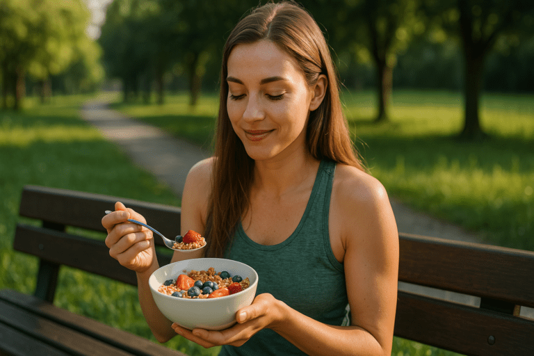 A young woman with light brown hair and a fit build sits peacefully on a wooden park bench, enjoying a healthy breakfast of yogurt with strawberries, blueberries, and granola. Soft morning sunlight and a serene park setting enhance the relaxed tone, emphasizing healthy living and mindful eating.
