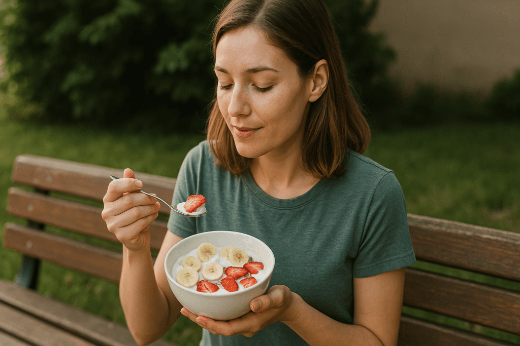 A young woman with shoulder-length brown hair sits calmly on a rustic bench, holding a bowl of fruit and yogurt in the gentle morning light. Her peaceful expression and the surrounding greenery underscore a serene start to the day and reinforce the theme of healthy breakfast recipes for a better lifestyle.