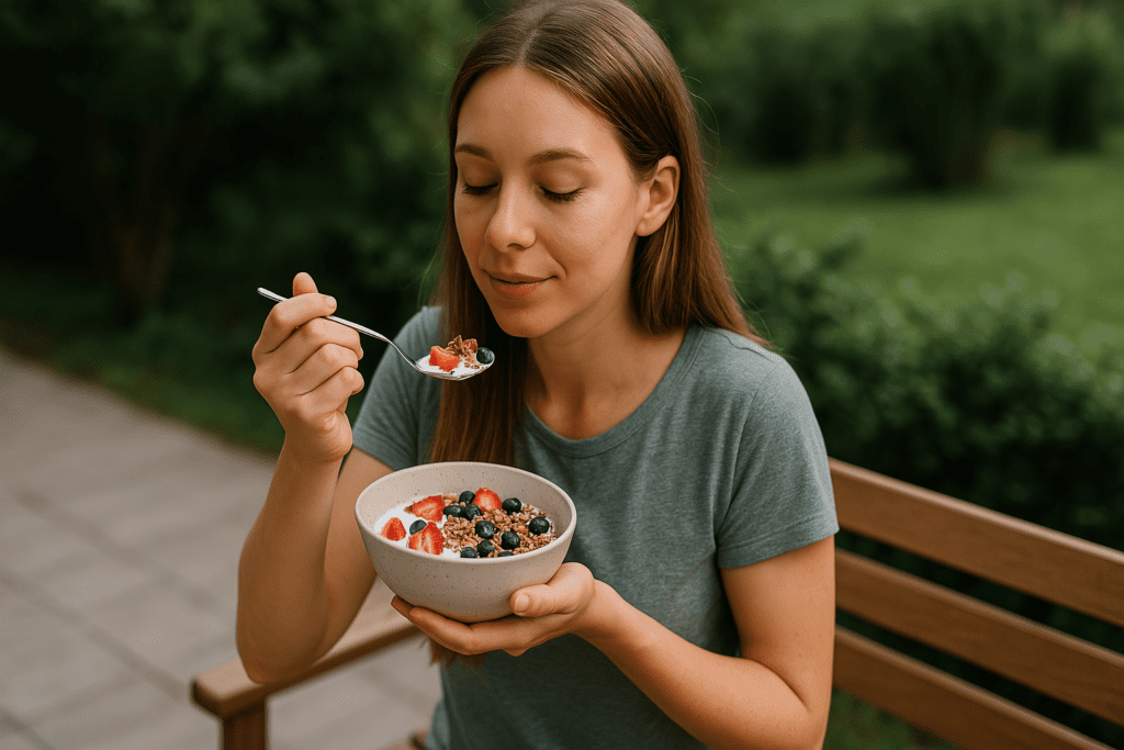 In this close-up outdoor shot, a woman with long brown hair sits on a park bench eating a wholesome bowl of yogurt with fresh fruit and granola. Natural lighting and blurred greenery in the background highlight the calm, focused moment of starting the day with a nutrient-rich breakfast.