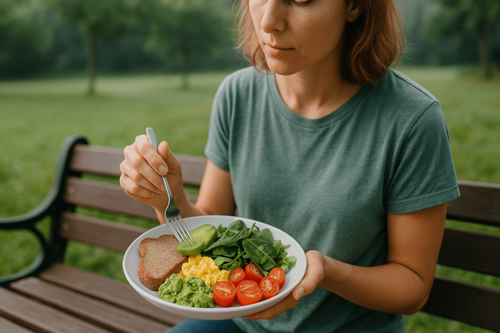 A young woman in a casual outfit enjoys a colorful, nutrient-dense breakfast salad featuring scrambled eggs, whole-grain toast, avocado, and greens on a sunny morning in the park. The natural light and balanced meal capture the essence of starting the day with creative and healthy breakfast choices.