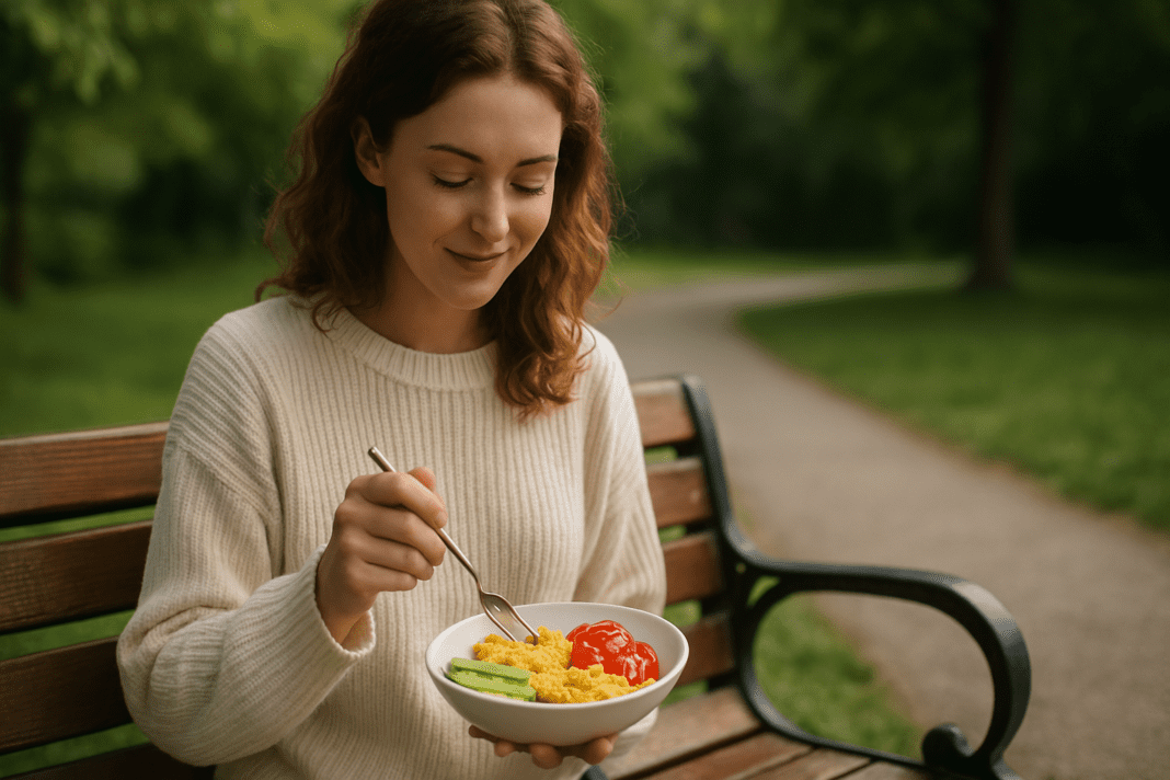 A young woman with auburn hair sits peacefully on a park bench, enjoying a wholesome breakfast of scrambled eggs, avocado, and fresh tomatoes. Surrounded by soft morning light and lush greenery, the relaxed scene reinforces smart breakfast ideas without bread in a natural, serene setting.