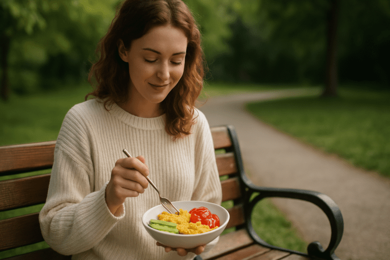 A young woman with auburn hair sits peacefully on a park bench, enjoying a wholesome breakfast of scrambled eggs, avocado, and fresh tomatoes. Surrounded by soft morning light and lush greenery, the relaxed scene reinforces smart breakfast ideas without bread in a natural, serene setting.