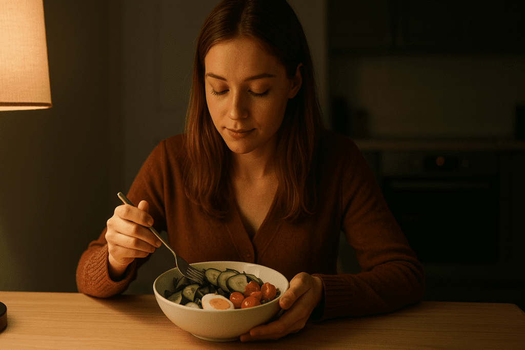 A young woman in a dimly lit kitchen enjoys a light, healthy meal of salad and hard-boiled egg at a wooden table under a warm ambient lamp. The quiet atmosphere and intimate setting evoke a reflective moment tied to nutritious, bread-free breakfast choices.