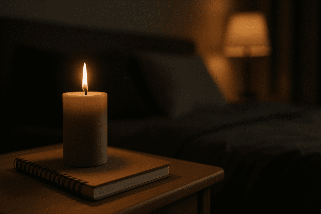 A lit candle in a textured ceramic holder casts a soft glow on a worn journal and smooth wooden surface, creating a tranquil nighttime vignette. The simple, symbolic arrangement reflects mindful routines and supports the theme of intentional, nutritious mornings without bread.