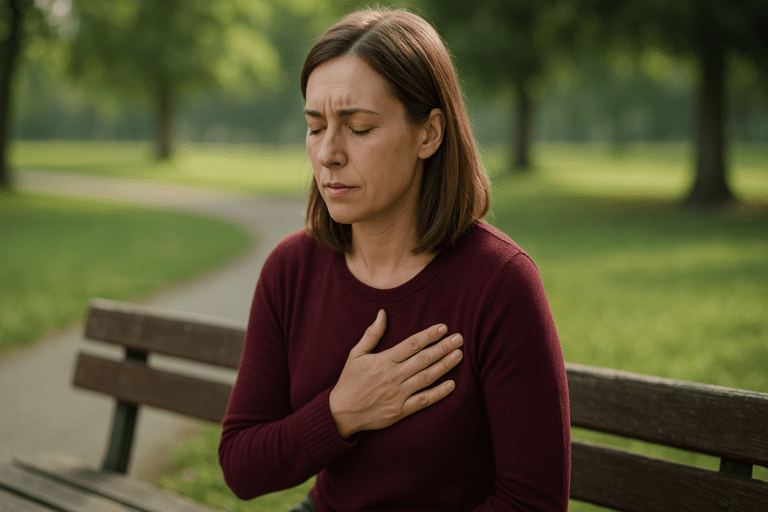 A light-skinned woman with shoulder-length light brown hair sits in quiet reflection on a park bench, softly lit by morning sunlight filtering through the trees. Her hand rests over her chest, conveying emotional depth and a personal connection to cardiovascular wellness, reinforcing the article's focus on heart health and mindful living.