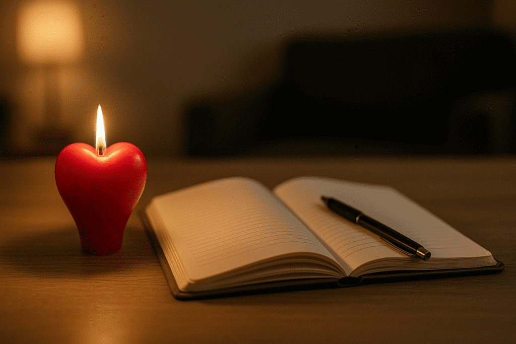 A glowing red heart-shaped candle sits beside an open notebook on a smooth wooden table, softly illuminated by warm evening light. This symbolic setup reflects the theme of heart health through journaling, mindful habits, and emotional nourishment tied to smart, affordable wellness practices.