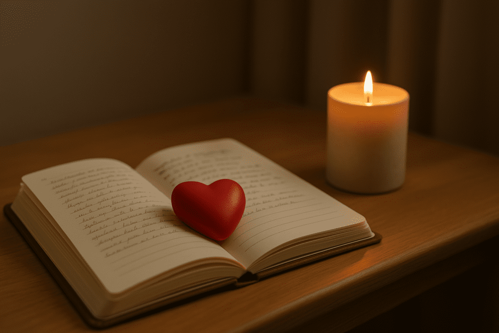 An open journal, red heart toy, and flickering candle rest on a clean wooden surface in a softly lit interior, evoking a warm, calming space. The thoughtful arrangement of symbolic items implies intentional focus on cardiovascular health and smart self-care routines, aligning with the article’s message on heart-healthy habits.