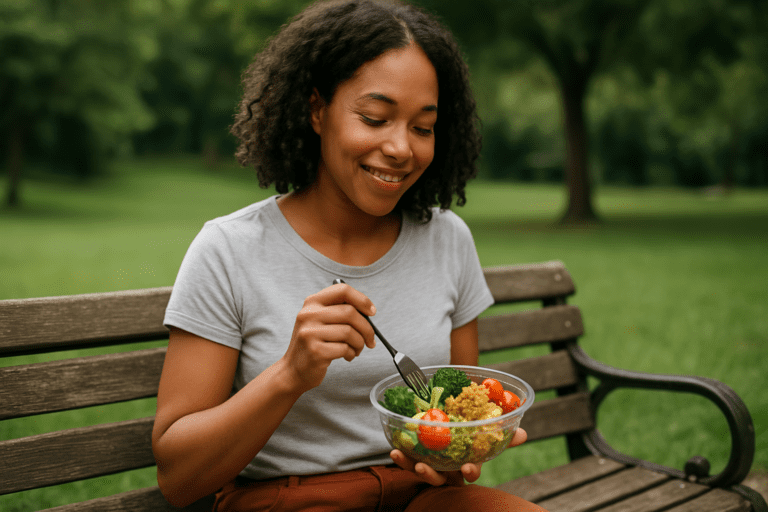 A young African-American woman sits alone on a rustic wooden bench in a sunny park, calmly enjoying a vibrant salad from a clear container. Surrounded by soft natural light and lush greenery, her peaceful posture and focused expression reflect the simplicity and mindfulness of smart cooking for one person.