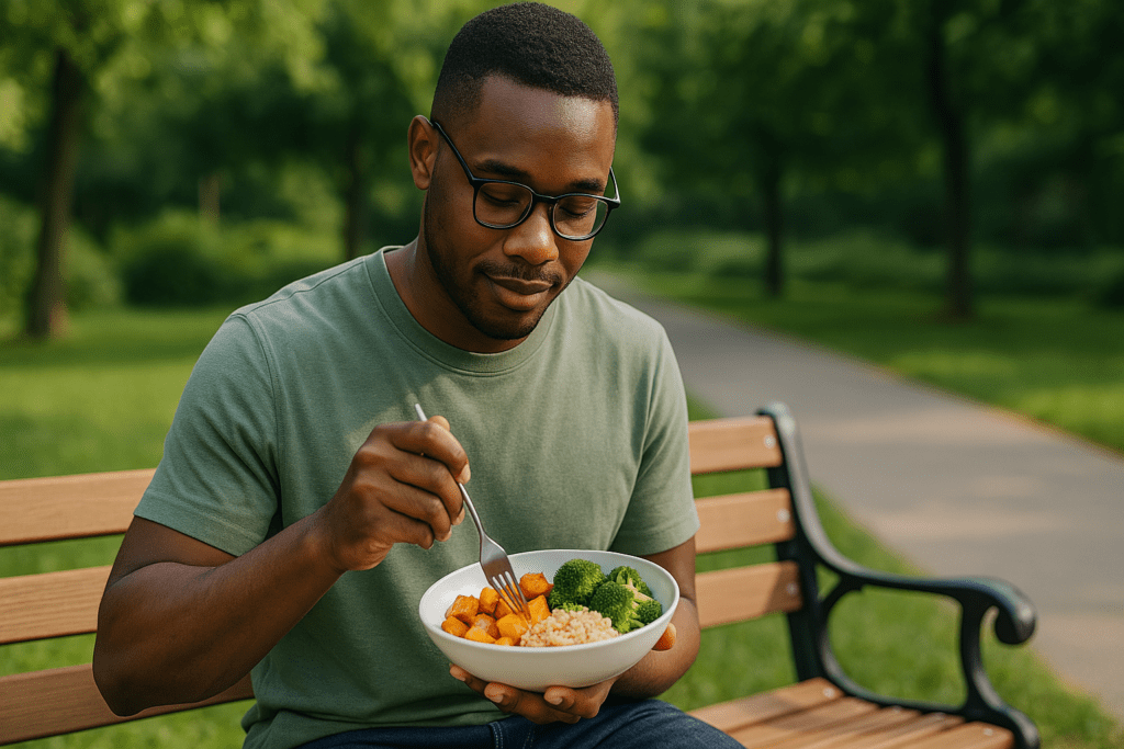 Smart Cooking for One Person: Easy, Healthy Meals for Solo Living That Make Nutrition Simple 2 A young African-American man sits on a modern black bench in a quiet park, eating a nutrient-rich meal of roasted vegetables and grains from a bowl. Sunlight filters through surrounding trees, adding a tranquil, grounded tone that visually reinforces the idea of healthy solo eating outdoors.
