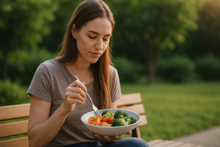 A young Caucasian woman with straight light brown hair sits on a wooden park bench, enjoying a healthy dinner of grilled chicken, broccoli, tomatoes, and mixed greens. Set in a peaceful outdoor environment during golden hour, the soft sunlight and her reflective posture evoke the theme of mindful, healthy eating for a balanced lifestyle.
