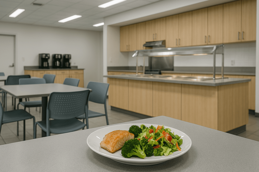 A modern cafeteria setting showcases a clean countertop with a healthy dinner of pan-seared chicken, steamed broccoli, and mixed greens. Under bright fluorescent lighting, the clinical layout and minimalist furniture emphasize nutritious, convenient meal options suitable for work or institutional environments.
