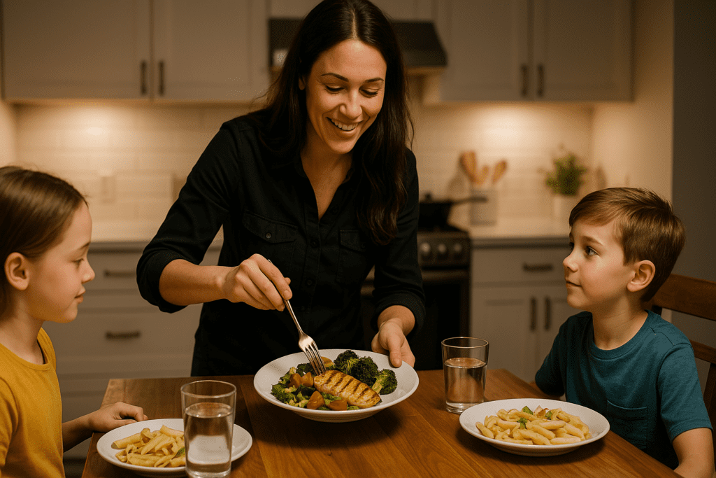 A mother with long dark brown hair serves a wholesome family dinner featuring grilled chicken, broccoli, and salad in a cozy kitchen. The warm indoor lighting and the children's eager expressions underscore the theme of healthy, satisfying meals that bring families together.