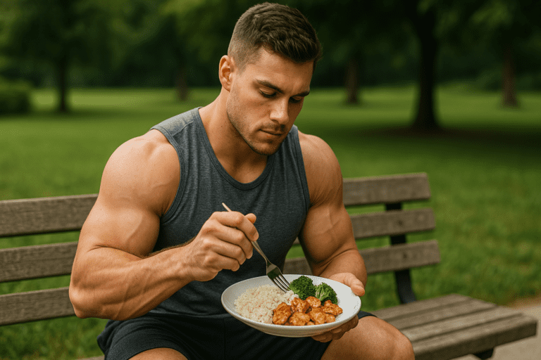 A muscular young man in a gray sleeveless shirt sits alone on a weathered bench in a quiet green park, eating a high-protein meal of grilled chicken, broccoli, and rice under soft natural daylight. The outdoor setting and focused posture highlight healthy weight gain strategies through nutrient-packed meals in a calming environment.