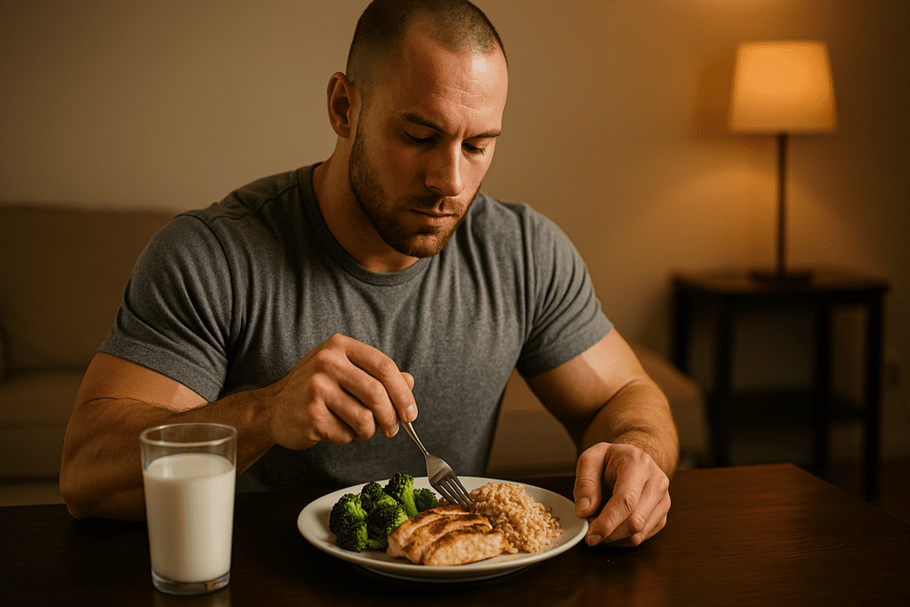In a softly lit dining space, a muscular man with a shaved head eats a balanced plate of grilled chicken, brown rice, and steamed broccoli while seated calmly at a dark wooden table. The warm indoor lighting and minimal decor support the theme of smart, nutrient-dense meals for natural muscle gain in a home-based setting.
