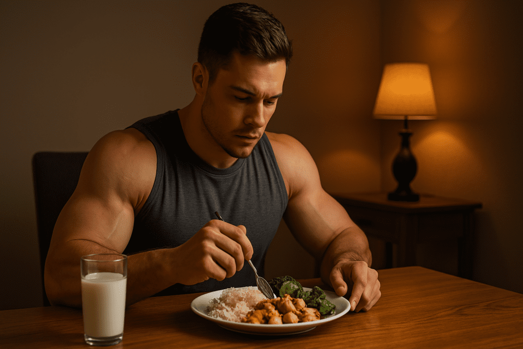 Under dim, moody lighting in a minimalist dining area, a toned young man in a charcoal tank top sits in focused solitude as he eats a nutrient-rich meal. The quiet atmosphere and intentional body language directly reflect the importance of consistency and mindful eating in a high-protein diet to support healthy bulking and sustained energy.