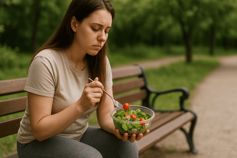 A young woman sits on a wooden park bench, peacefully eating a fresh salad under soft morning light, surrounded by lush greenery. Her solitary, focused expression and the healthy meal clearly reinforce the theme of easy, filling, and budget-friendly healthy food ideas for weight loss.