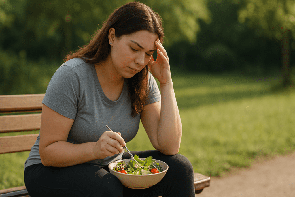 A woman with long hair and light skin sits indoors in quiet reflection, looking down at her bowl of salad in a softly lit, uncluttered room. The gentle natural light and minimal surroundings highlight the concept of healthy food ideas for weight loss rooted in mindfulness and simplicity.