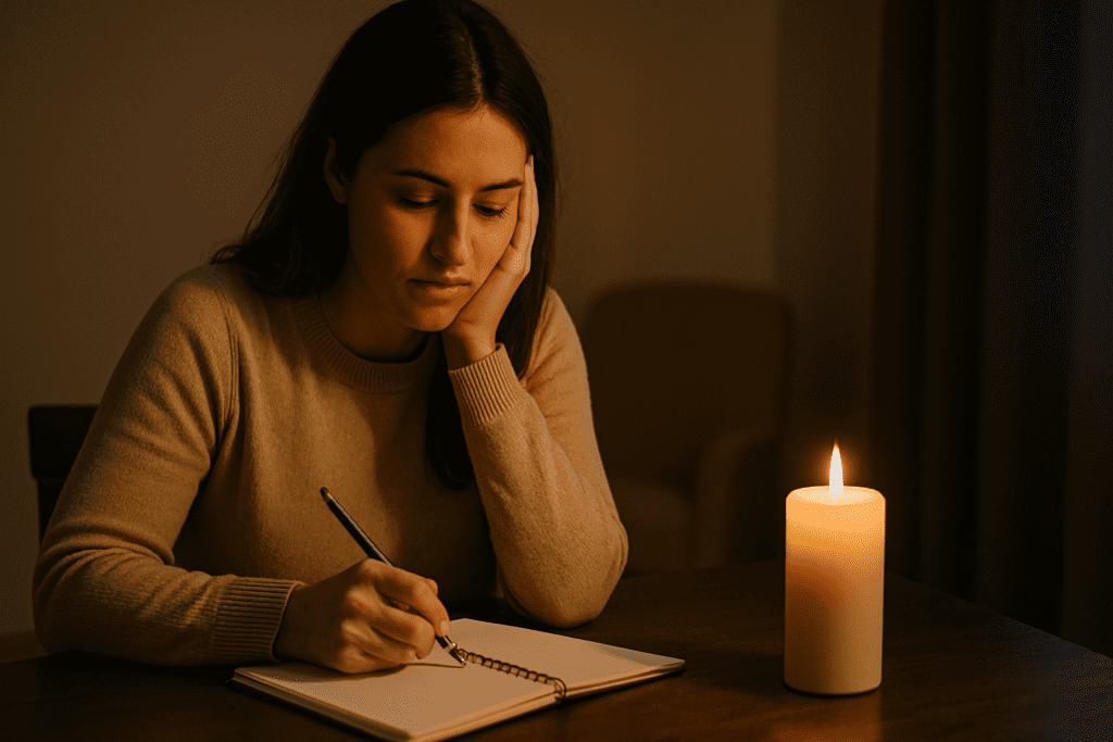 A young woman sits in a dimly lit room at night, leaning on one hand as she gazes at an open notebook beside a candle. The warm glow and her introspective mood subtly imply the emotional journey behind sustainable, healthy eating for weight loss.